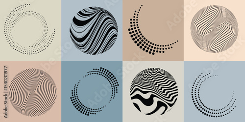 Lines and dots in Circle Form .Rotate rounded shape Vector Illustration .Rotating dots form a circle .Rotating design element . Various lines forming round shape . Abstract Geometric line art .
