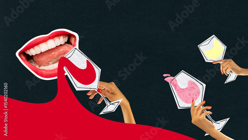 Graphic art composition combining oversized red lips and hands with glasses of red, pink, and yellow wine on dark textured background. Concept of bar and restaurant menu. Surreal aesthetic.