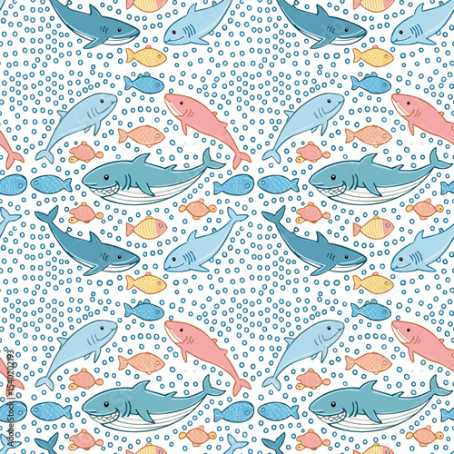 Tropical Underwater Doodle Pattern. Seamless Coral Reef and Colorful Fishes