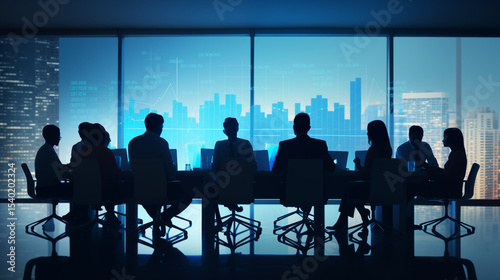 Silhouetted Business Team Meeting Modern Cityscape Night Business Strategy Financial Growth