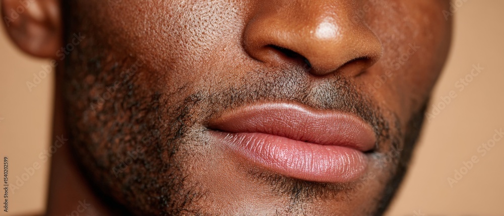 Obraz premium A close-up portrait of a Black man's lips and lower face with natural lighting, subtle stubble, and smooth skin tones on a neutral beige background