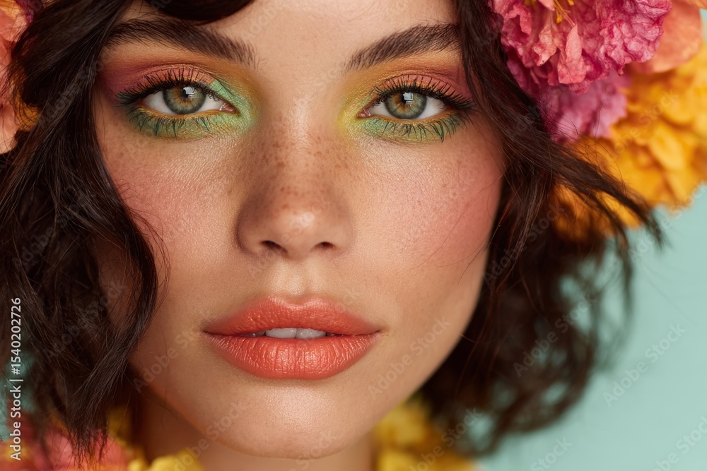 Naklejka premium Portrait of a woman wearing orange lipstick, bright rainbow eye makeup, and a colorful flower crown on curly dark hair
