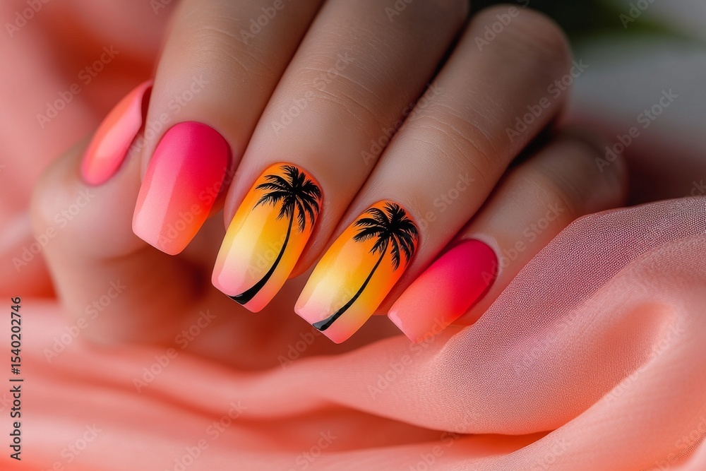 Obraz premium Tropical palm tree nails with pink orange ombré