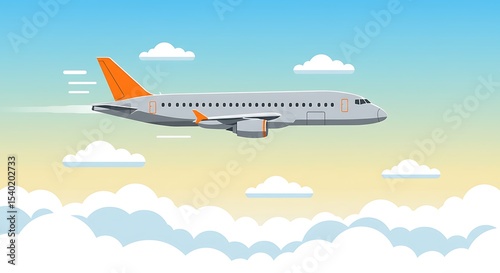 A sleek gray commercial airplane with orange accents soars through a clear blue sky, cruising above a fluffy layer of white clouds, symbolizing air travel and global connectivity.