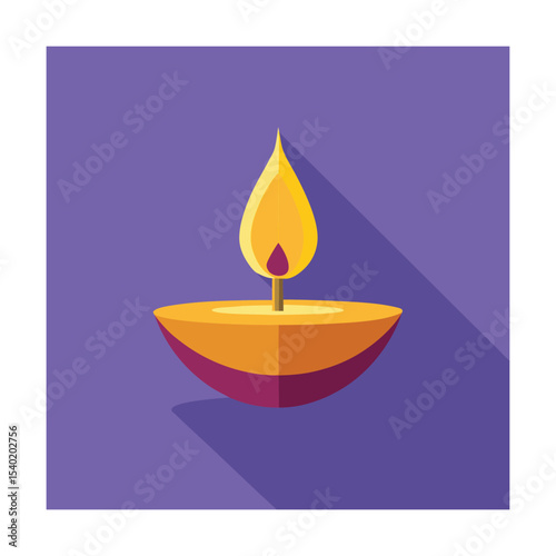 Flat design illustration of a lit oil lamp with a warm yellow flame for diwali