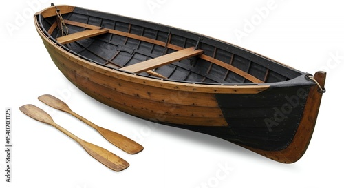 Traditional Irish Currach Boat Displayed on White Background with Oars