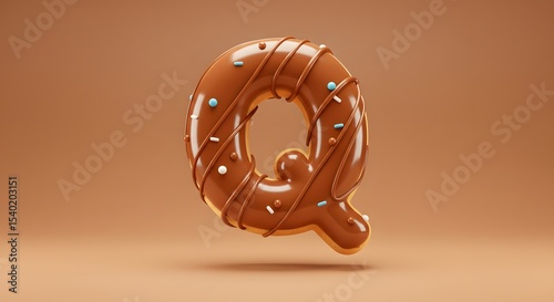 Chocolate Donut Letter Q 3D Render with Sprinkles and Glaze on Brown Background