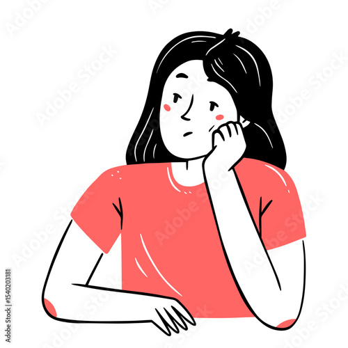 A bored, thoughtful, upset young woman sits with her hand against her cheek in a simple linear doodle style. Vector isolated illustration.