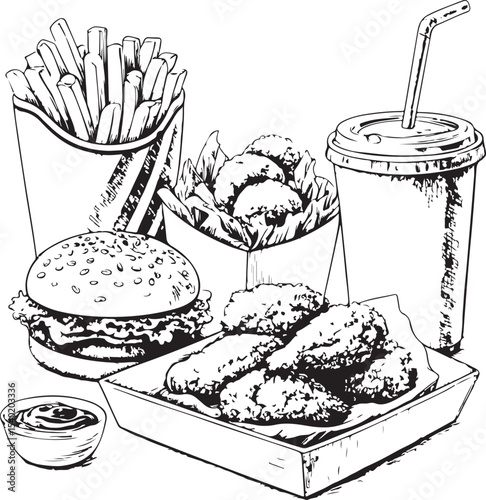 Fast Food or Junk Food with Burger Fries Fried Wings Nuggets and Soda Vector Illustration, Sketch Drawing Line Linear Symbol Icon Engraving Coloring Book, Hand-drawn Black and White Isolated
