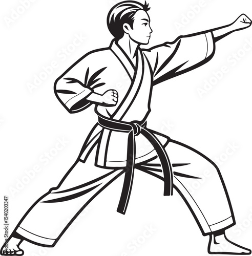 Karate Martial Arts Vector Illustration, Sketch Drawing Line Linear Symbol Icon Engraving Coloring Book, Hand-drawn Black and White Isolated