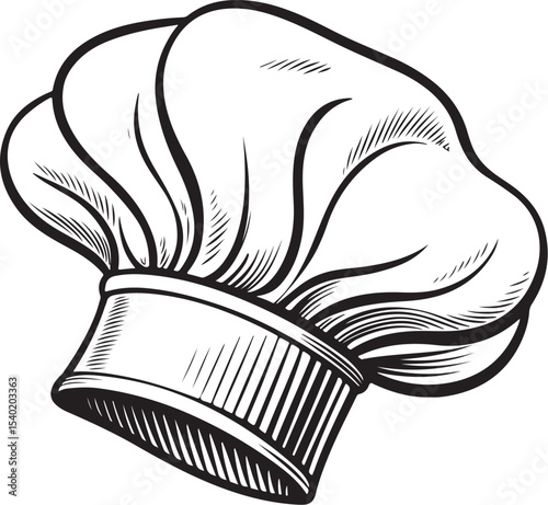 Chef's Hat Cook Vector Illustration, Sketch Drawing Line Linear Symbol Icon Engraving Coloring Book, Hand-drawn Black and White Isolated