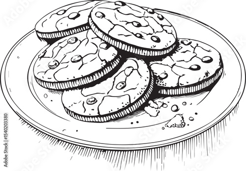 Cookies Vector Illustration, Sketch Drawing Line Linear Symbol Icon Engraving Coloring Book, Hand-drawn Black and White Isolated
