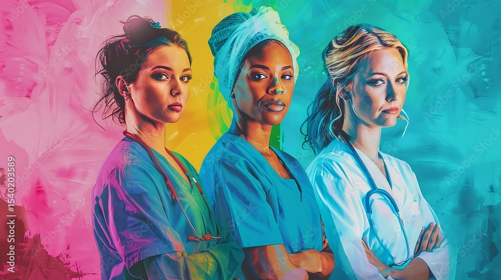 Obraz premium Empowered nurse portraits with colorful symbolic backgrounds