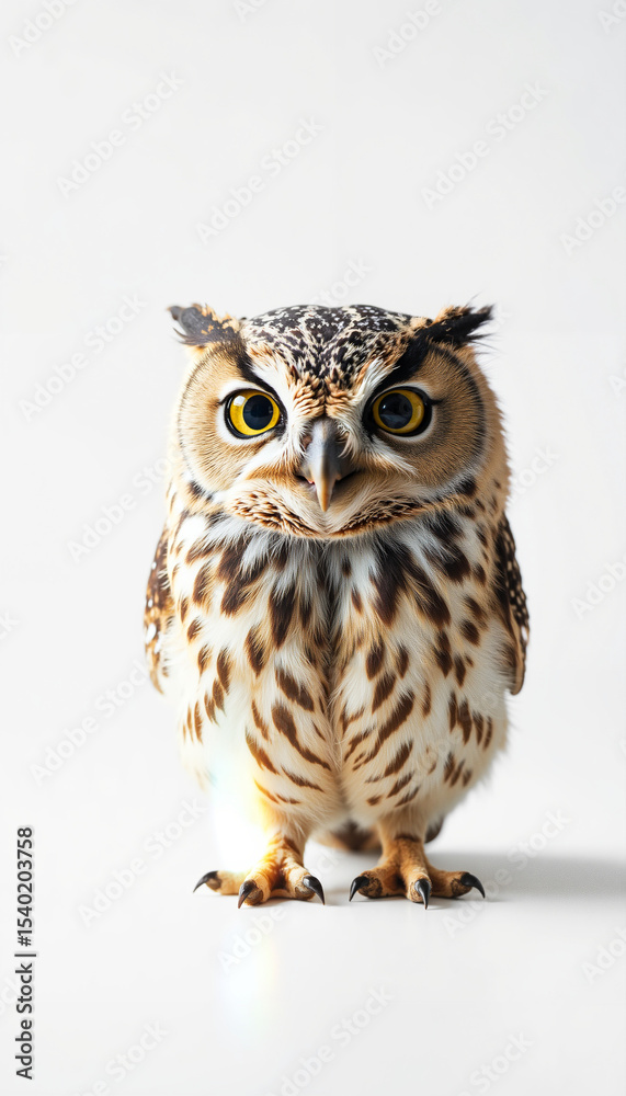 Obraz premium Owl standing on white surface with piercing yellow eyes 