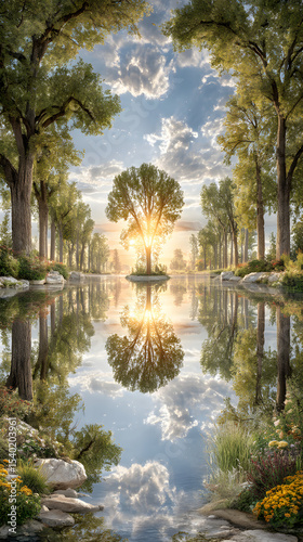 Autumn Equinox sunrise with golden forest Tranquil landscape with reflecting trees and water. Mindful person meditating in fall foliage Spiritual nature scene symbolizing balance and change