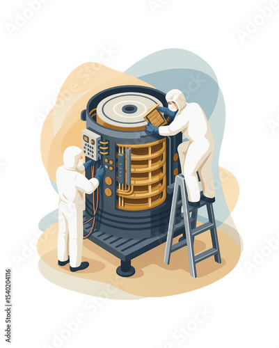 Technicians in protective suits meticulously maintain advanced industrial machinery equipment ensuring optimal performance and safety in a cleanroom environment.