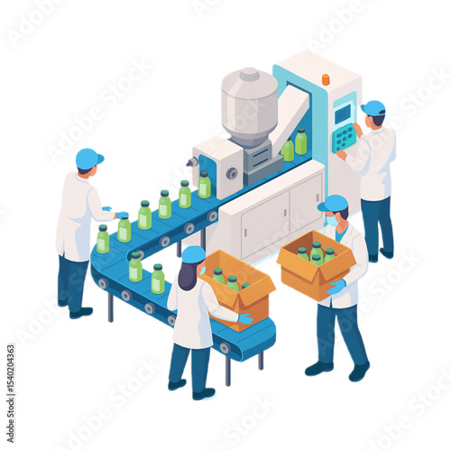 Automated Bottling Plant Workers Efficiently Package Products on Conveyor Belt System
