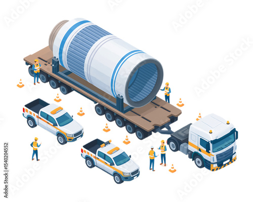 Industrial Transportation Illustration Featuring Heavy Machinery on a Flatbed Truck with Safety Personnel and Vehicles