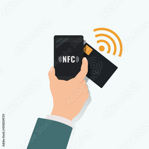 Hand hold phone with NFC and card graphic design