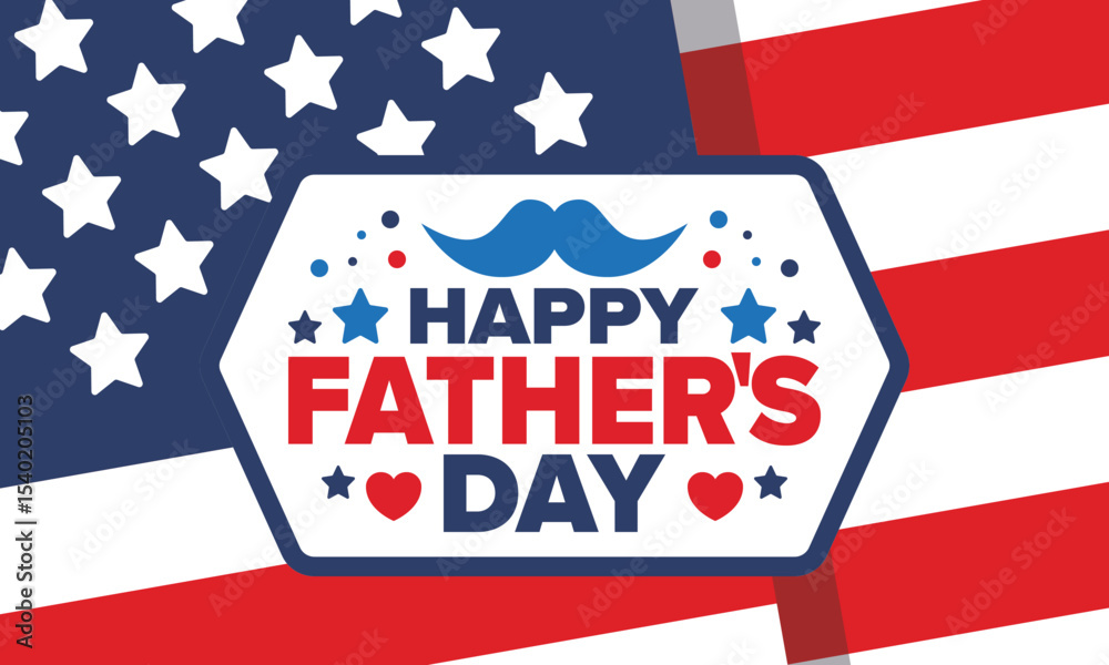 Obraz premium Happy Father’s Day. Honoring dads. Lovely celebration in June. Sweetest family holiday. Party event. Mustache and heart. Blue color. Creative art poster. Vector design