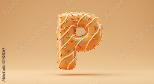 Donut Letter P with Sprinkles, 3D Rendered Sweet Alphabet Font for Bakery, Candy, and Food Concepts