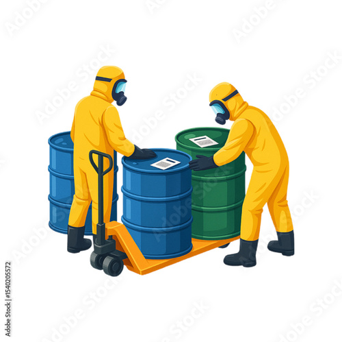 Hazmat Team Safely Handling Industrial Chemical Barrels using Protective Gear and Equipment