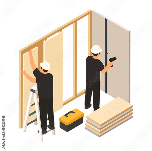 Skilled Contractors Install Drywall in New Home Construction Project, Demonstrating Professional Interior Framing and Efficient Teamwork
