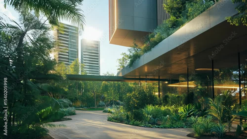A modern building features large glass windows surrounded by vibrant plants and trees in an urban setting during the day
