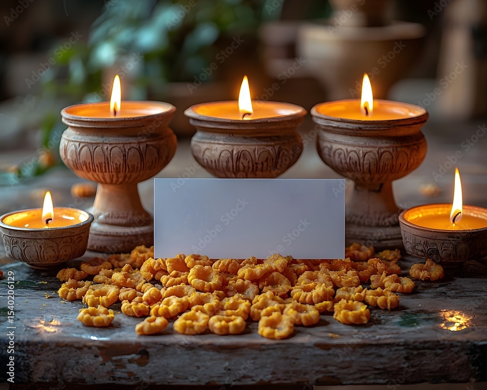 Obraz premium A sacred altar with oil lamps and traditional Indian sweets honoring a spiritual teacher