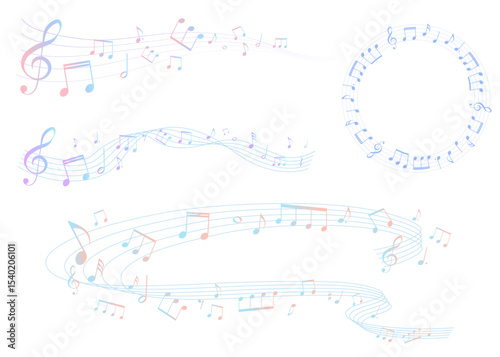 夏をイメージしたカラフルな楽譜のフレームイラストセット　五線譜　背景イラスト　音符、休符、音楽記号のイラスト