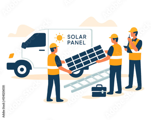 Solar panel installation team unloading a new solar panel from a van for a clean energy project.