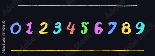 Colorful numbers 0-9, hand-drawn in a wax crayon or pastel style. Highlighter effect on a board for kindergarten drawing, learning materials, and creative educational projects. Cartoon funny vector