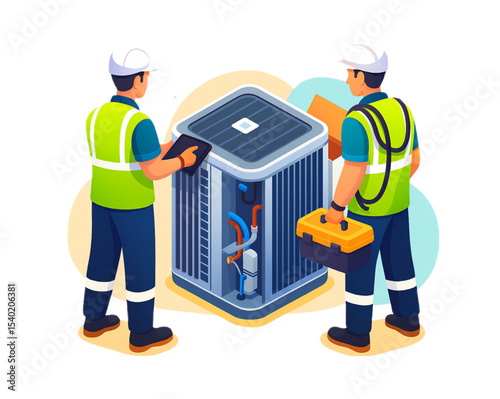 HVAC technicians inspect air conditioning unit for repair maintenance ensuring efficient cooling system performance
