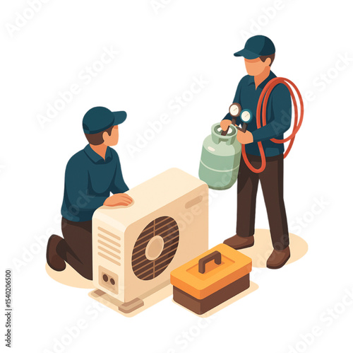 Air Conditioning Repair Technicians Servicing Unit Efficiently HVAC professionals inspect and maintain an air conditioning system ensuring optimal performance and customer comfort.