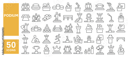 Set of 50 line icons related to podium, lectern, winner, award, speech, presentation, champion, Editable stroke. Vector illustration