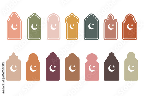 Arabic frame with moon, Ramadan motif, window in the architecture of India or Morocco. Vector art, flat illustrations set
