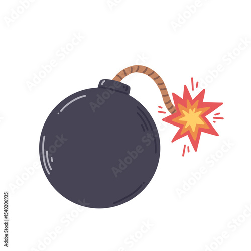 A bomb with a lit fuse in a cartoon flat style isolated on a white background. Vector illustration.