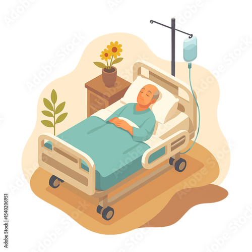 Elderly Man Resting Peacefully in Hospital Bed Healthcare Senior Patient Comfort Medical Illustration