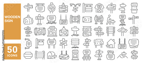 Set of 50 line icons related to wooden sign, board, pointer, signpost, plank, wooden signboard, Editable stroke. Vector illustration