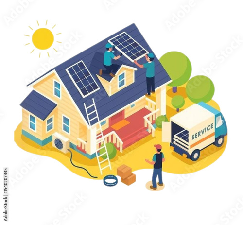 Sustainable Home Energy: Technicians Installing Solar Panels on a House Roof under Sunny Skies