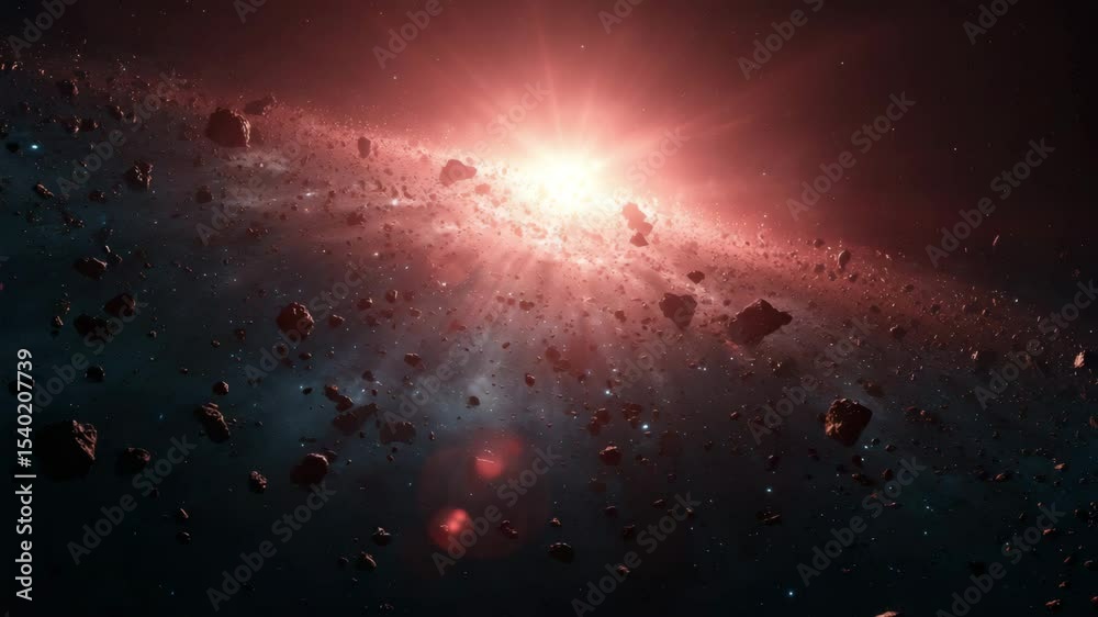 
Asteroid belt in deep space with glowing celestial body. Sci-fi cosmic landscape of a meteorite field orbiting a distant star or sun. Abstract futuristic exploration background.

