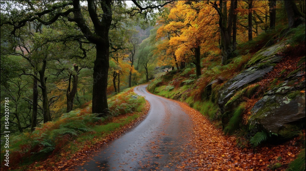 Fototapeta premium Wet asphalt road winding through a colorful autumn forest with fallen leaves
