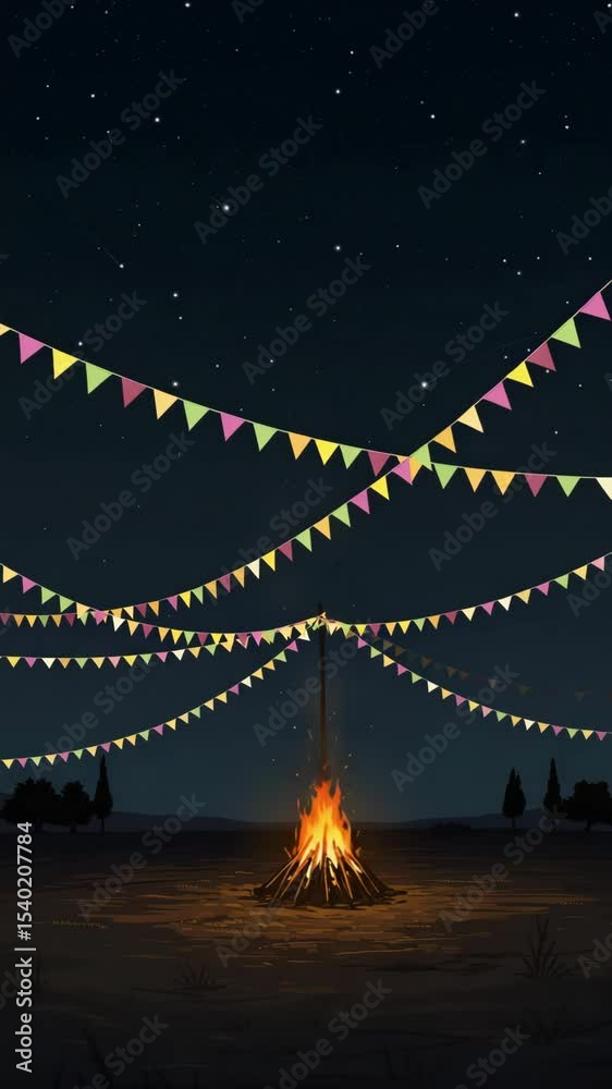 Festive bonfire celebration at night with colorful pennant flags under a starry sky. Cozy outdoor party with a warm campfire. Illustration of a traditional midsummer or festival night. Festa Junina.


