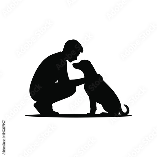 Silhouette of a man and dog sharing a tender moment in black and white vector art