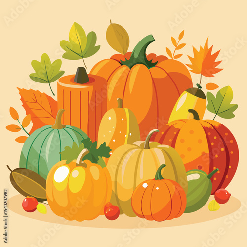 Assorted Autumn Pumpkins and Gourds Collection with a Cat Illustration