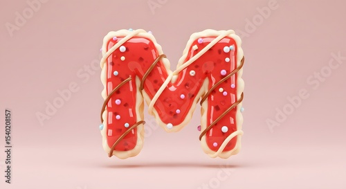 Letter M Doughnut - Red Icing, Sprinkles and Chocolate Drizzle on a Pink Background