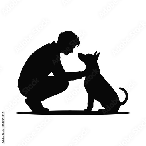 Silhouette of a man interacting and cuddling with a loyal dog on a white background
