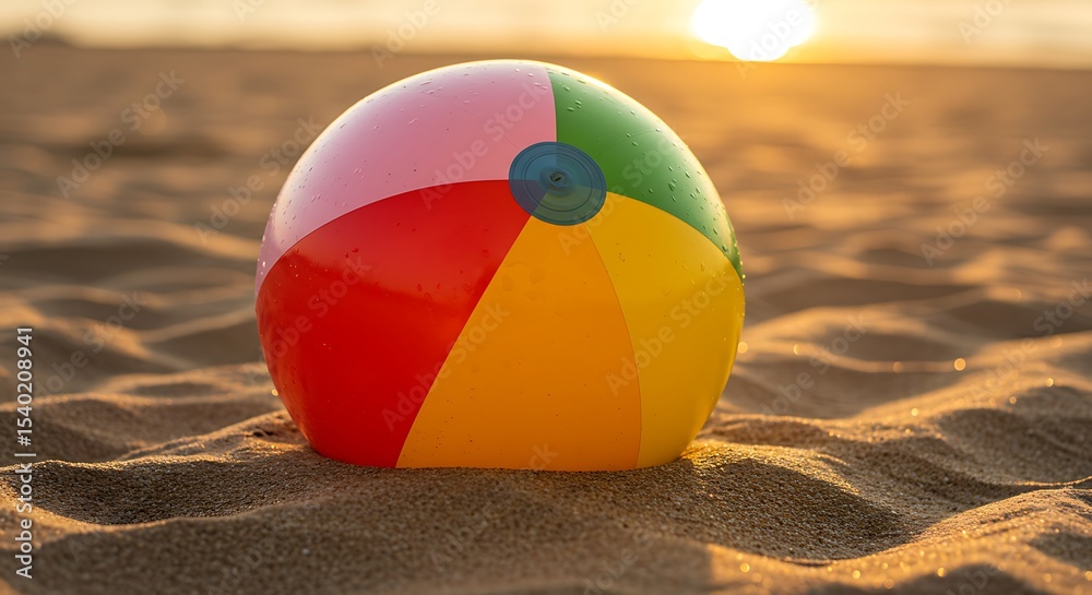 Obraz premium Colorful Beach Ball on Golden Sand at Sunset