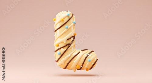 Letter L Donut with Vanilla Glaze, Chocolate Drizzle and Sprinkles on Pink Background