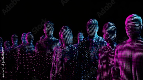 silhouettes crowd neon glow purple pink lighting dark background technology futuristic audience digital